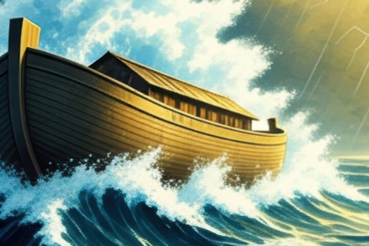 Wooden boat riding rough waves during a storm with bright lightning across the sky
