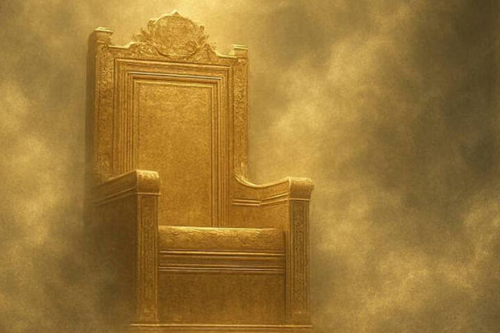 Gold throne emerging from golden mist, symbolizing power and authority