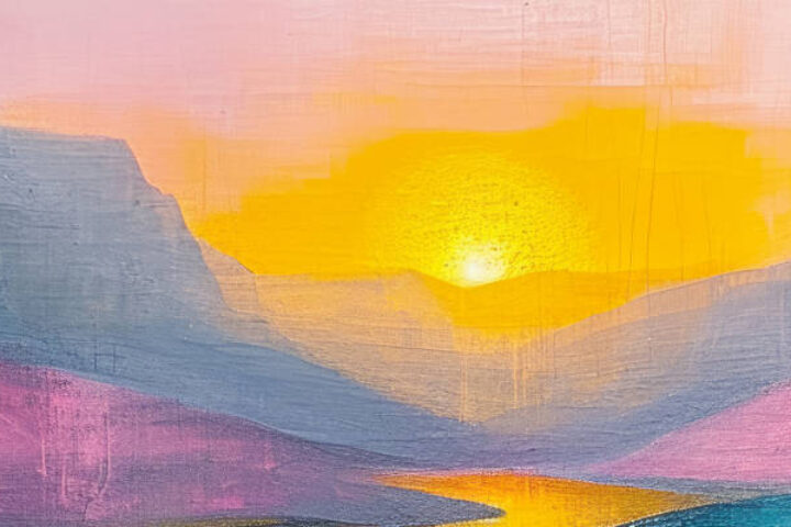 Abstract pastel landscape: pink and purple hills with a bright yellow sunset and a blue reflective foreground.