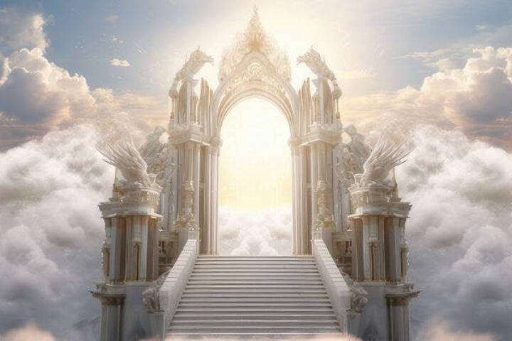Golden light fills an ornate archway at the top of a stairway rising through clouds.