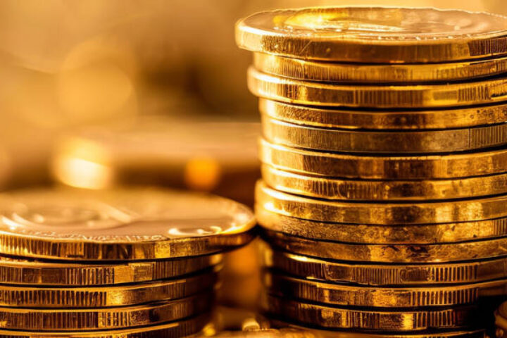Stacks of shiny gold coins stacked in a warm, golden glow, conveying wealth and financial themes.
