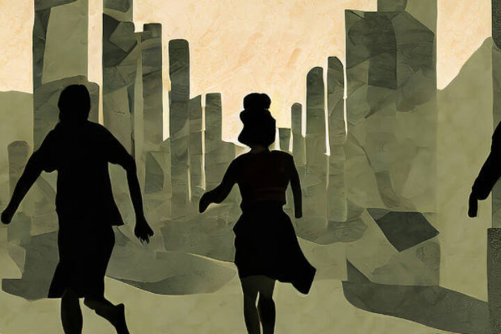 Three silhouetted people running through a surreal canyon of tall pillar-like formations in muted tones.